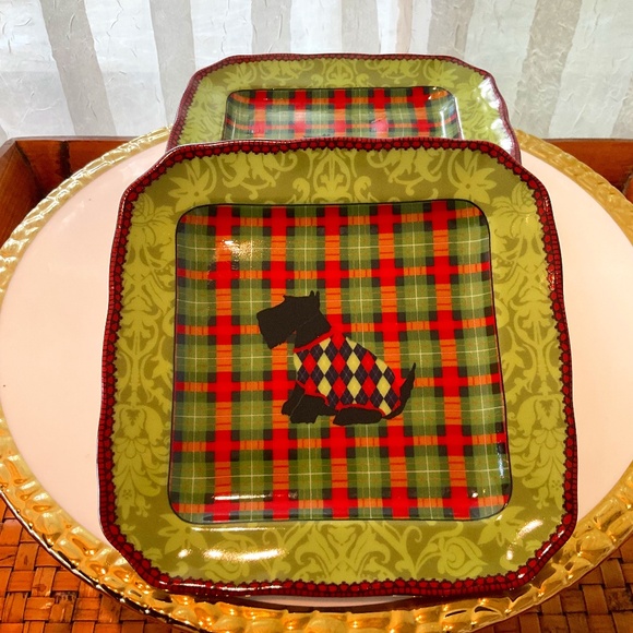 222 FIFTH Christmas Scotty Scottish Terrier Dog Argyle Appetizer Plates - Picture 1 of 6
